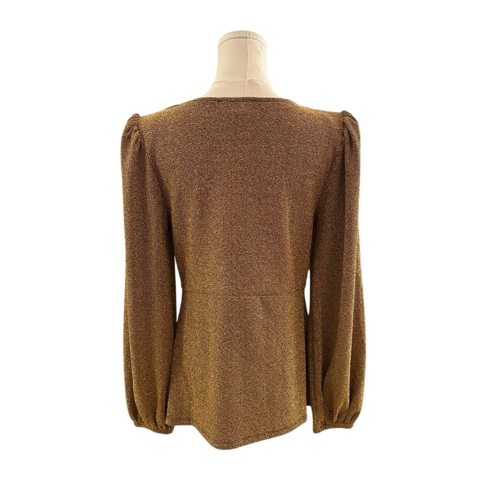 Women's Small Fitted Metallic Gold Shimmer Party Cocktail Puff Shoulder Top - Picture 5 of 5